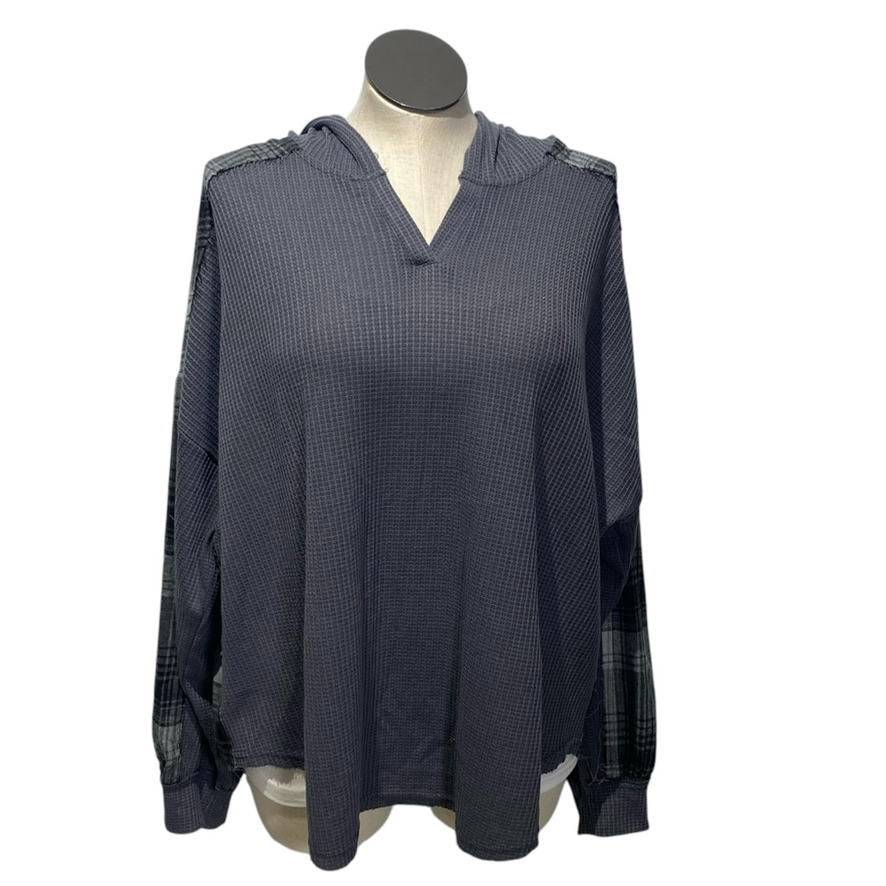 GiGiO plus long sleeve plaid knit hood raw hem pull over top size 1xl